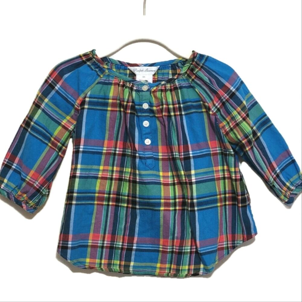 Ralph Lauren Baby Girl Madres Plaid Smock Blue and Green Top Size 6 Months